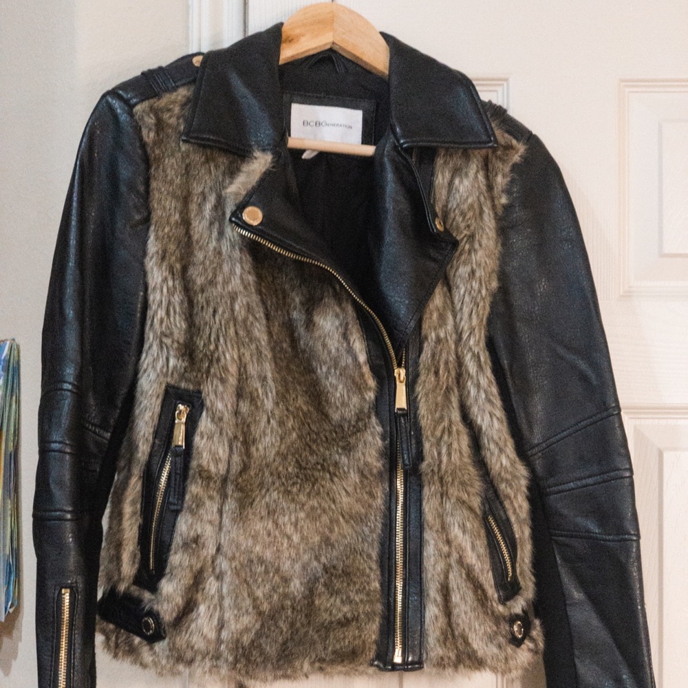 BCBG Black Leather & Faux Fur Jacket